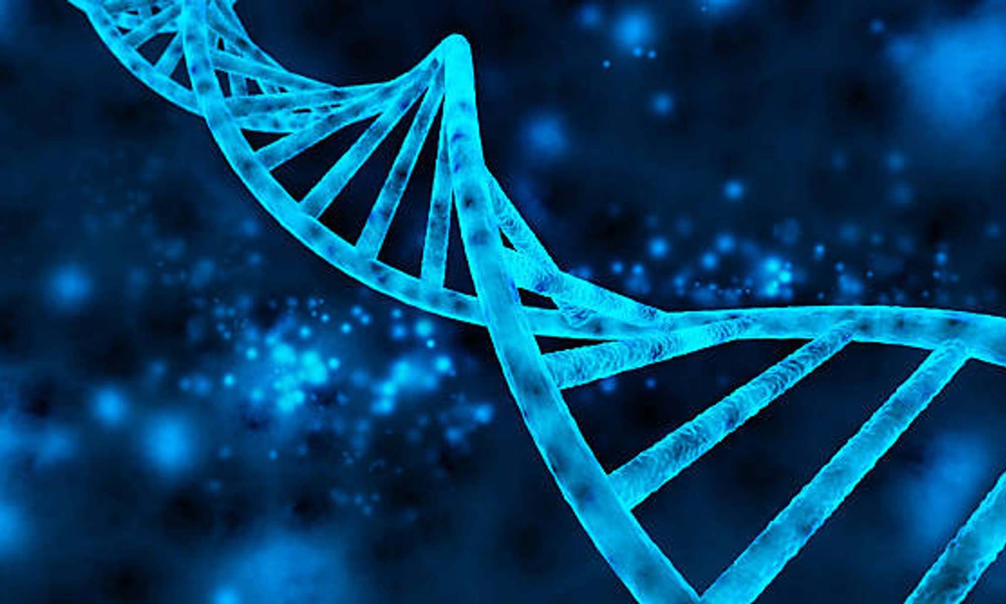 Illustration of a DNA double helix rendered in blue